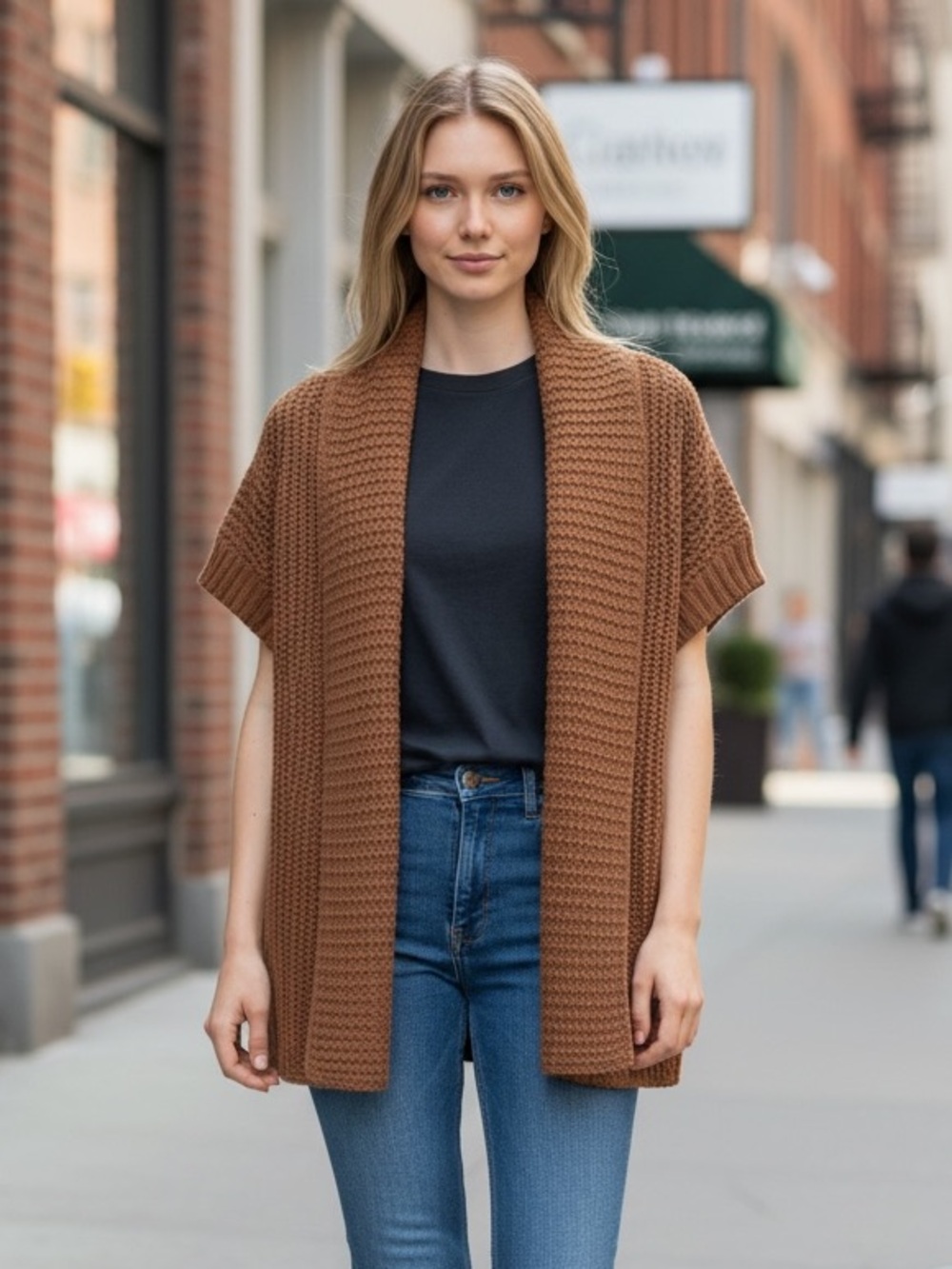 Alexandra Bartlett Brown Boxy Wool Blend Short Sleeve Cardigan Jacket Granny L